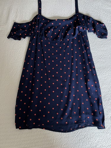 Splendid Polka Dot Shoulder Frill Dress Navy Pink Sz L - Picture 4 of 4