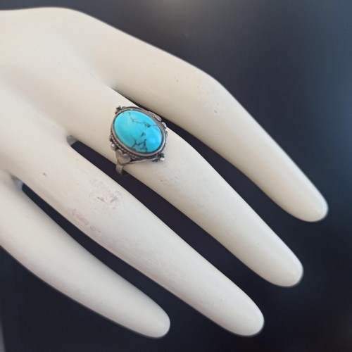 Vintage Silver Ring Turquoise Silver 925 Romantic Deco 9 Oval Boho Patina Retro - Picture 11 of 16