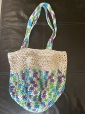 Cream Teal Purple Hand Crocheted Grocery Farmers Market BOHO Beach Carry All Bag