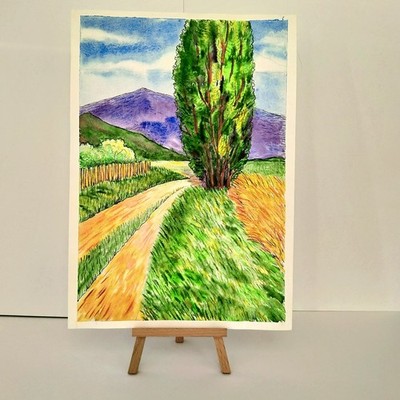 Original Watercolor Painting Van Gogh Style Cypress Road Impressionist Art A4