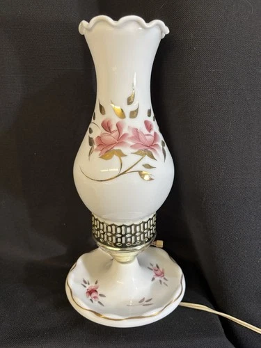 Vtg Pink Milk Glass Hurricane Boudoir Lamp Hand Painted Roses Ring Catcher