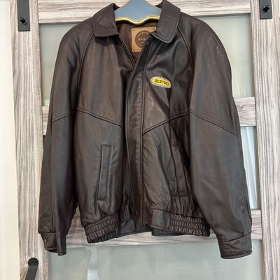 Saxon Leather Epic Records Logo Brown Bomber Jacket Bomber Aviator L Rare