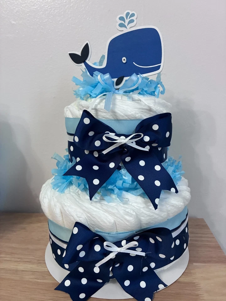 Pastel de pañales temático de ballena azul Baby shower regalo/centro de mesa Foto 2 de 2