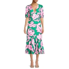 Rhode Ester Dress Take It Easy Grand Floral V-Neck Midi Puff Sleeve Size 0