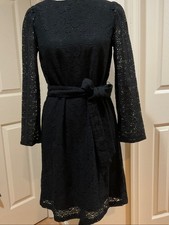 NWT Ann Taylor Factory Black Cotton Lace Tie-Waist Longsleeve Dress Size XS Pet