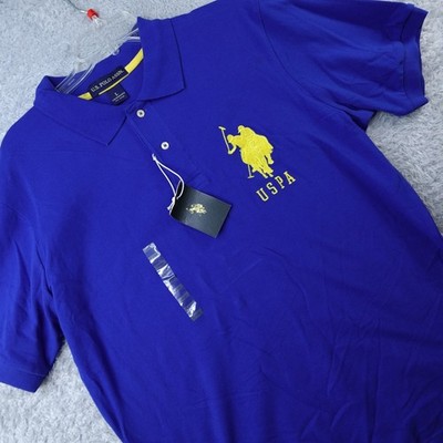 US Polo Assn Mens Large Blue Yellow Big Pony Logo Short Sleeve Polo Shirt NWT