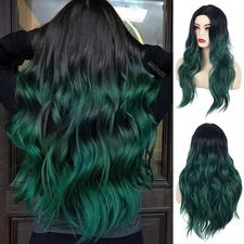 Long Curly Wavy Ombre Black Green Wig Synthetic Natural Middle Part Cosplay C...