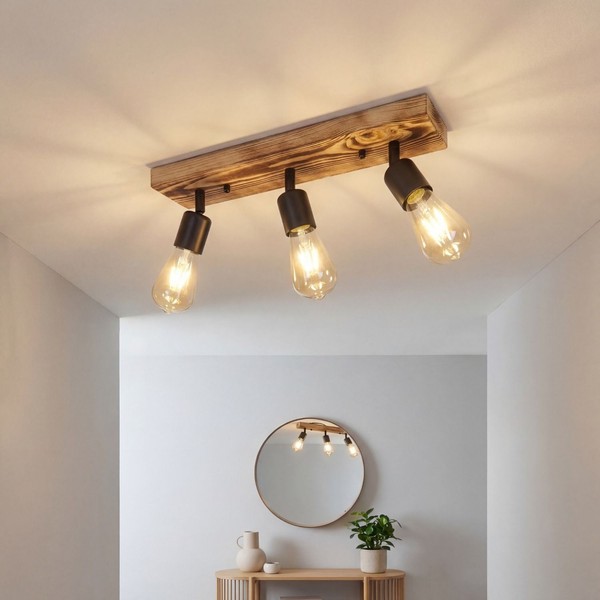 Deckenlampe Deckenstrahler 3-Flammig B: 50 Cm Geflammtes Holz Metall FüR E27-image