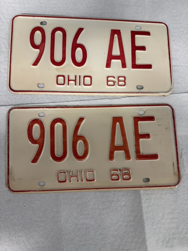 Vintage 1968 Ohio License Plate Tag Matching Pair 2 Piece Lot Tag Number 906 AE