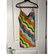 Forever 21 Womens Satin Cowl Neck Slip Dress Wavy Abstract Print Multi Color L