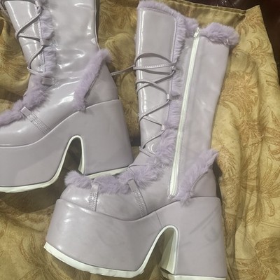 DEMONIA CAMEL-311 Faux Fur 5'' Chunky Heel Platform Baby purple Womens Knee Boots