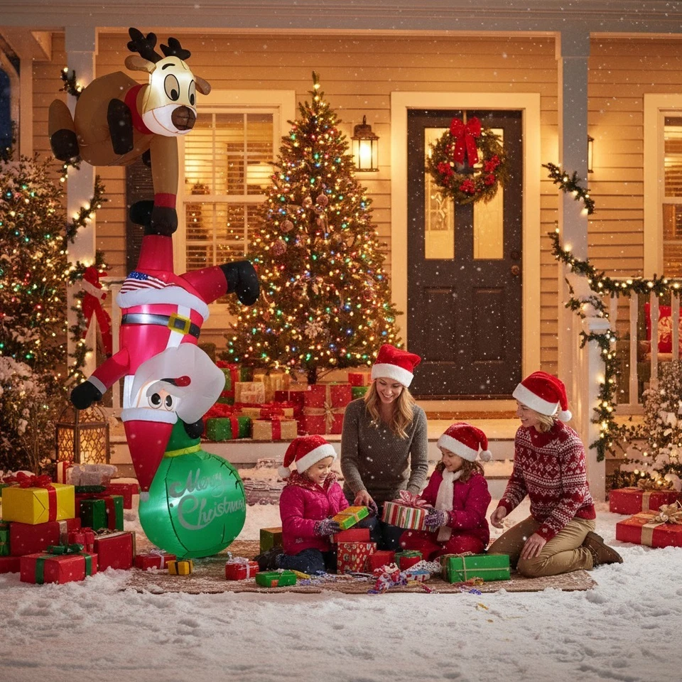 Funny Inflatables Reindeer Pulling Climbing Santa with Gift Bag, Xmas Blow Ups~ - Image 3 of 4