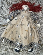 Fabric Multicolor RAGDOLL 15.5"  Marked "Janice" Folklore Dolls BUTTONS BOWS