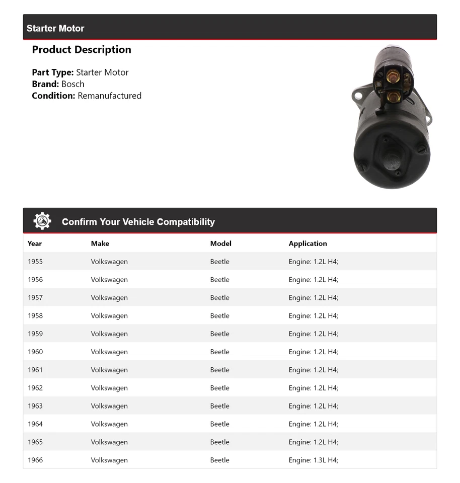 Arranque para Volkswagen Beetle Bosch 1955-1966 (remanufacturado) 1956 1957 1958 Foto 2 de 4