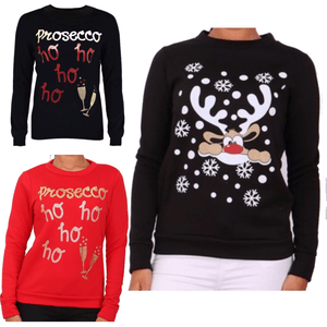 Womens Christmas Glitter Sweatshirt Prosecco Ho Ho Ho Novelty Ladies Jumper Top