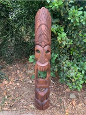 Hand Carved Hawaiian Style Headdress Tiki Totem Wooden Mask 39"x 6"in