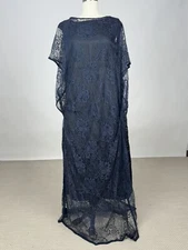Antique Vintage 1920s Navy Blue Floral Lace Dress w/ Black Satin Slip AS IS