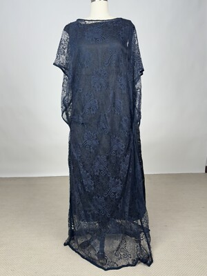 Antique Vintage 1920s Navy Blue Floral Lace Dress w/ Black Satin Slip AS IS  | eBay