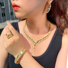 Wedding Gold Plated Necklace Bracelet Earrings Ring CZ Zircon Bridal Jewelry Set
