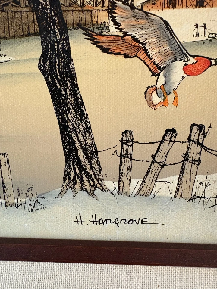 Pintura al óleo sobre lienzo firmada por H Hargrove de colección puente cubierto patos mallardos nieve Foto 3 de 4