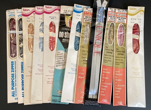 NOS Vintage Lot 12 METAL Zippers Talon J & P Coats Conmar Assorted Colors Sizes