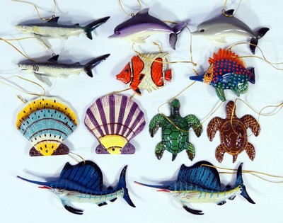 Painted Ocean Creature Ornament Shark Sea Turtle Fish Sailfish 4'' (set of 2) 41O