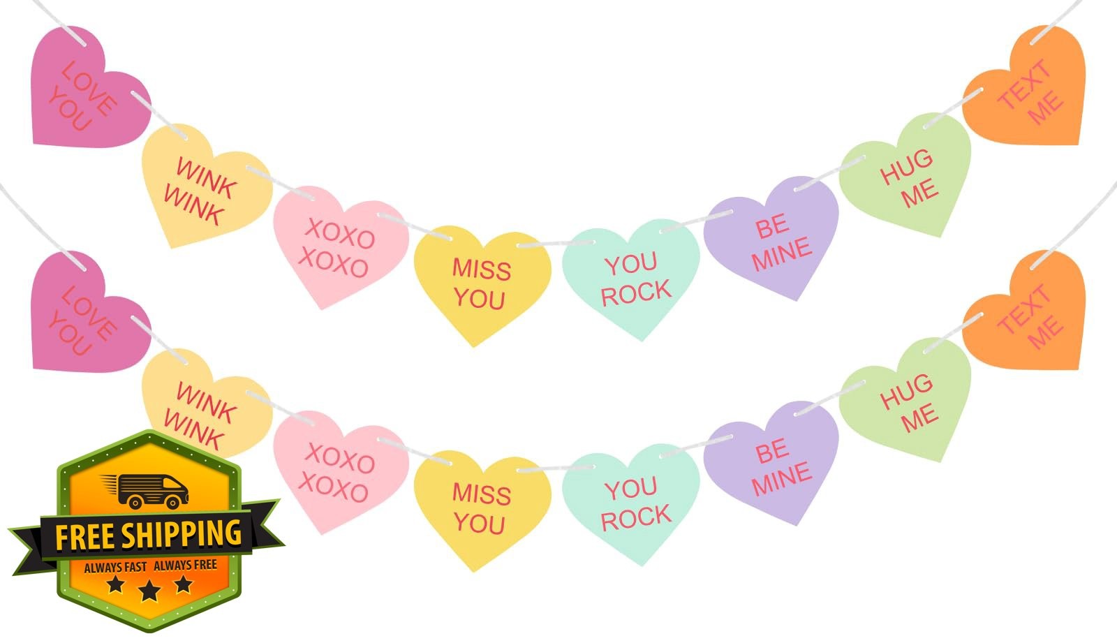 Conversation Hearts Garland Banner Multicolor Pre-Strung Valentine