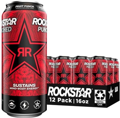Rockstar Punched Energy Drink, Fruit Punch, 16oz Cans (Pack of 12)
