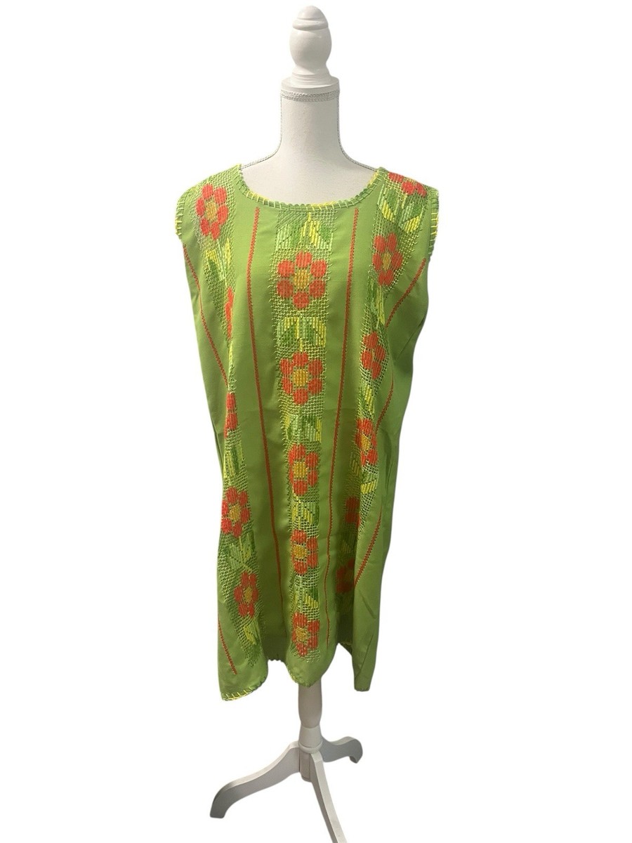 Hand Embroidered Mexican Huipil Lime Green Floral Shift Dress M/L Handmade