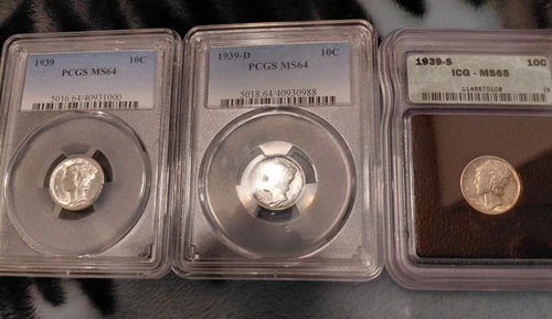 1939 PDS Silver Mercury Dime Set - MS 64/64/65
