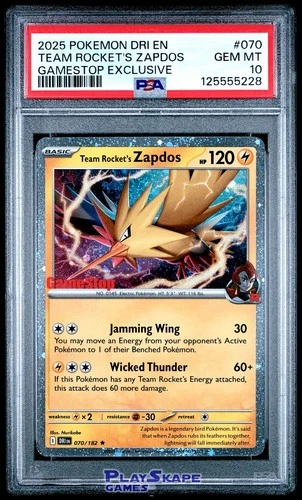Pokemon Card PSA 10 Team Rocket’s Zapdos 070/182 GameStop DRI Promo Holo 2025