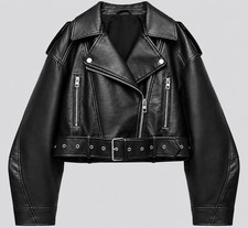 Women's Genuine Cowhide Leather Cropped Biker Motorcycle Jacket Belted Zip