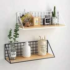 Wall Mounted Floating Shelf No Drilling Wood Metal Storage Rack Small