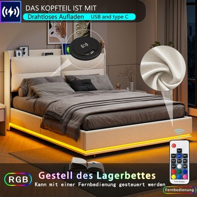 Polsterbett Doppelbett Stauraumbett 140x200cm LED/USB Bettgestell mit Lattenrost