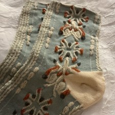 Women Blue Embroidered Floral Low Cut Ankle Socks Full Toe One Size 1 Pair