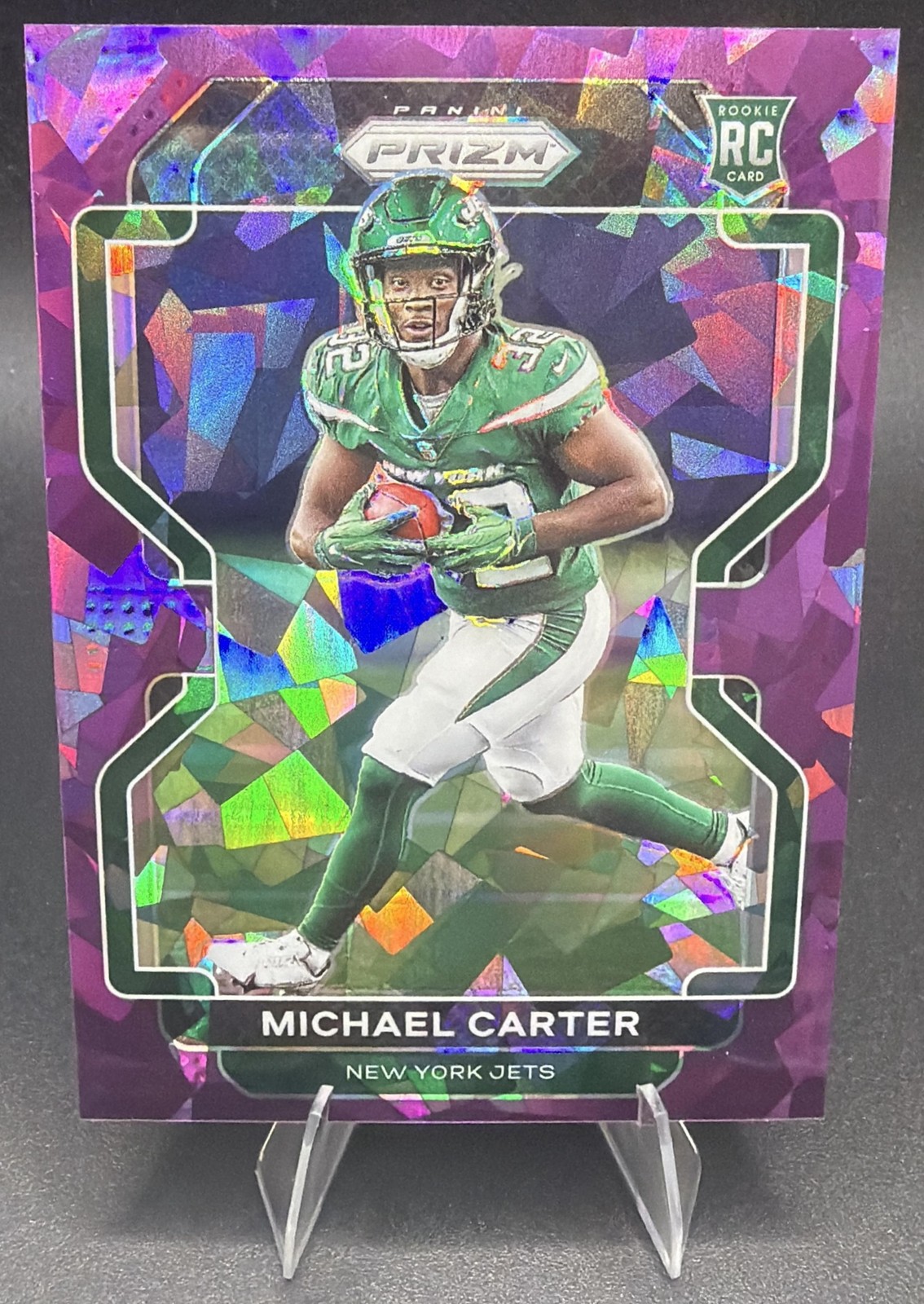 Michael Carter 2021 Panini Prizm Purple Ice 19/225 RC #365 Jets