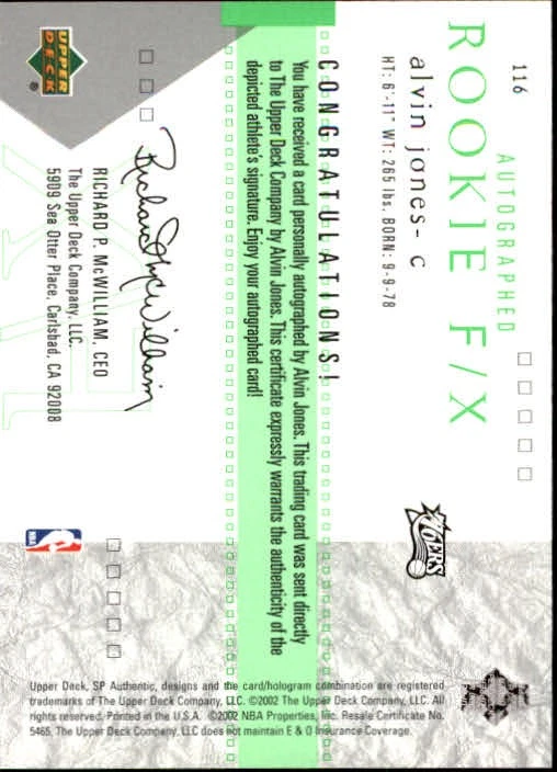 2001-02 SP Authentic #116 Alvin Jones RC Autograpah Card RC /1525  - Image 2 of 2