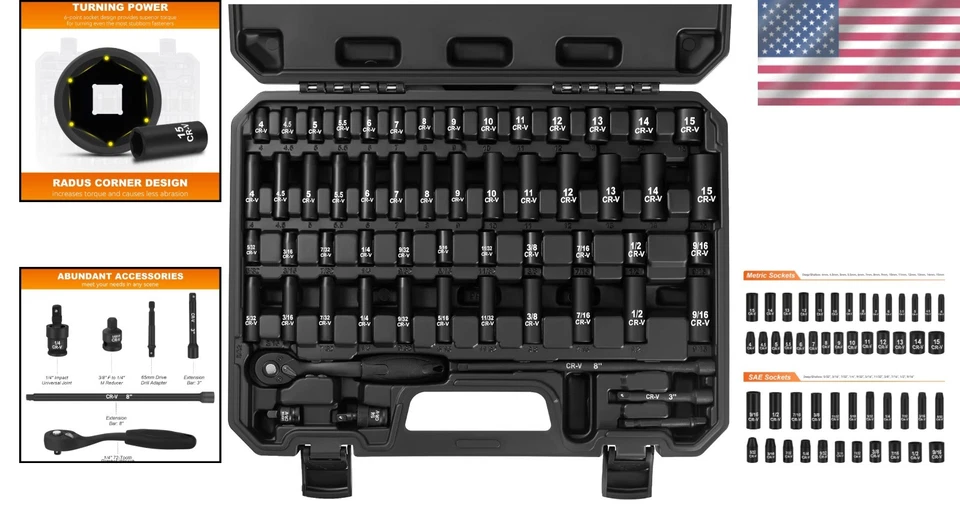56-Piece 1/4" Drive Socket Set, SAE & Metric, Deep & Shallow - Image 2 of 4