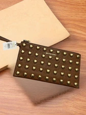 Michael Kors Large Studded Pebbled Leather Wristlet Wallet Luggage Brown Clutch