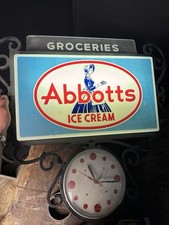 Vintage Abbotts Ice Cream Light Up Sign w/Clock Antique