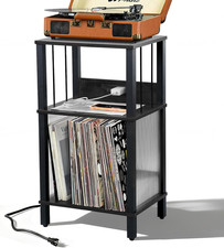 Record Player Stand with Charging Station - 3-Tier Vinyl Storage Shelf Holds 100