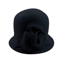 Women's Nine West Wool Black Cloche Hat with Flower Felt Accent