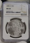1885 O US Morgan Silver Dollar $1 NGC MS64 Nice Edge Toning