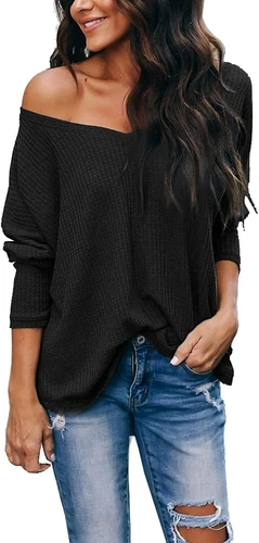 iGENJUN Women's Casual V-Neck Off-Shoulder Batwing Sleeve Pullover Sweater Tops - Picture 22 of 94