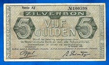 Netherlands P63 5 Gulden ZILVERBON- SILVER NOTE S/N AJ 100598 16.10.1944 VF+ RAR