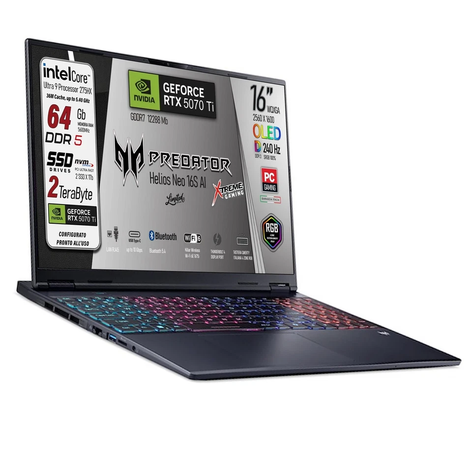 Acer Predator 16S AI, Ultra9 275X, 32/64GB, 2 TB 16"OLED 240Hz, RTX5070Ti, Win11