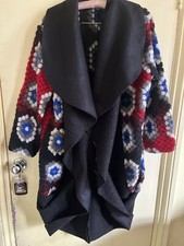 Giacca lana lunga uncinetto scialle collo stile palloncino fianchi XL NUOVA