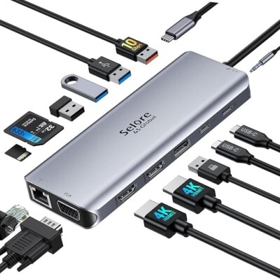 USB-C Dockingstation 14 in 1 Hub Dual HDMI 4K VGA 10Gbps 100W PD Triple Audio SD