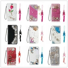 For Galaxy S22 Ultra Leather Bling Rhinestone Card Stand Flip Wallet Phone Case