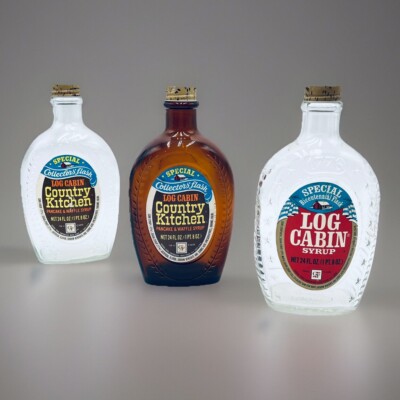 Lot Log Cabin Syrup Embossed 3D Glass Bottle Eagle Ben Franklin Native American